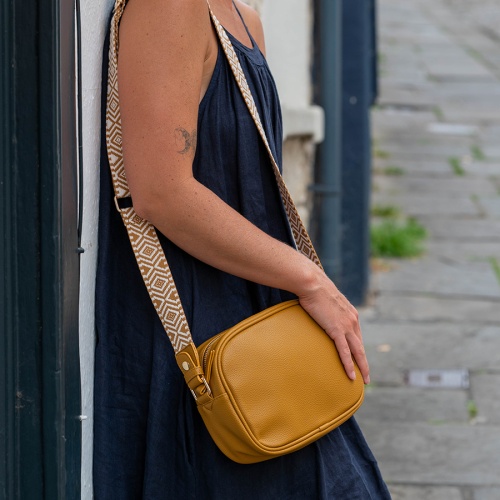 Classic Mustard Vegan Leather Camera Bag with Mustard & White Diamond Woven Strap by Peace of Mind